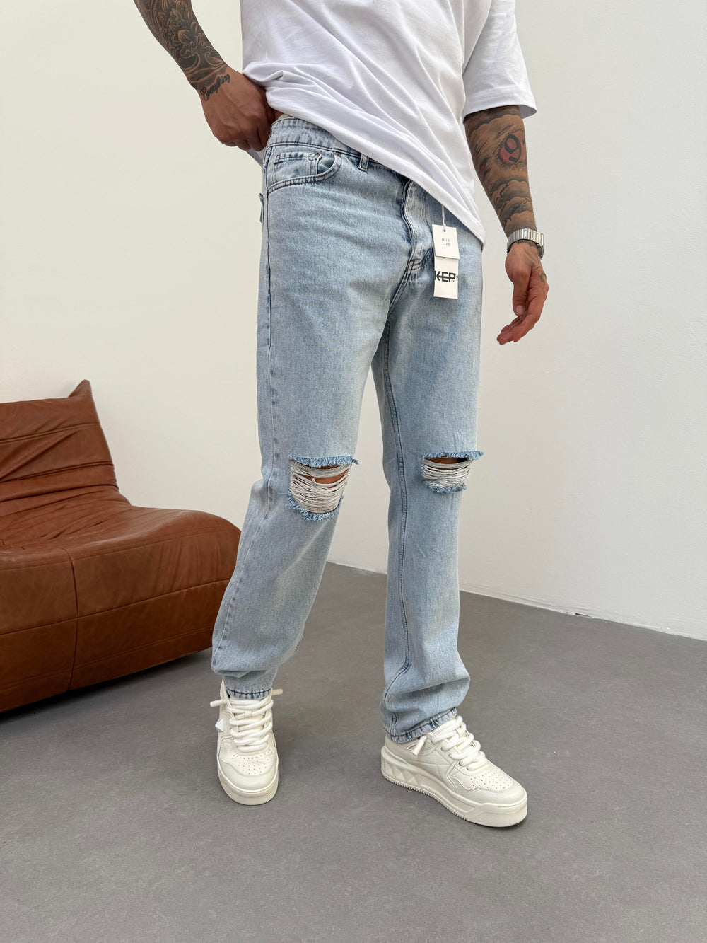 Diz Yırtık Buz Mavi Baggy Jean