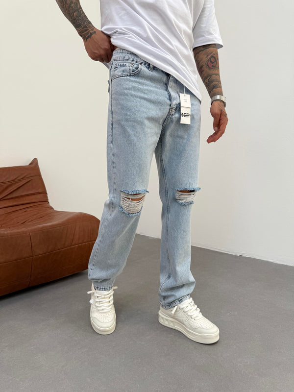 Diz Yırtık Buz Mavi Baggy Jean