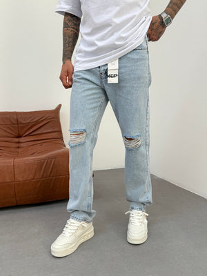 Diz Yırtık Buz Mavi Baggy Jean