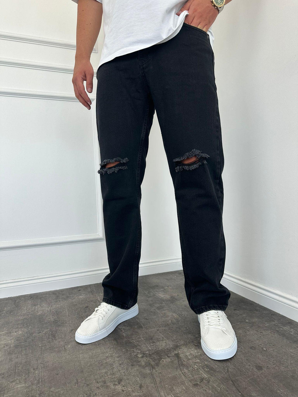 Diz Yırtık Detaylı Antrasit Baggy Jean