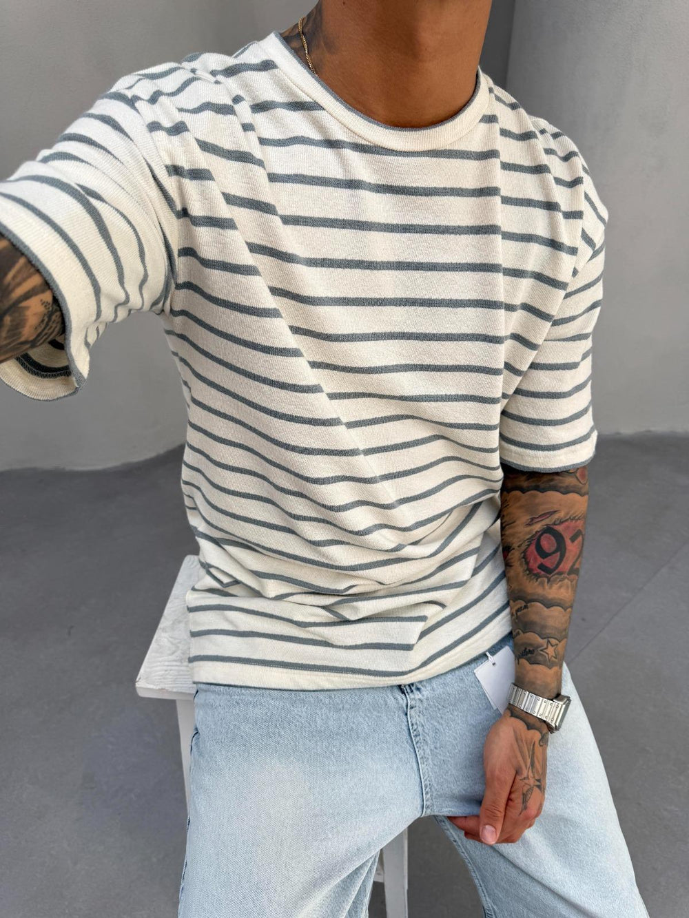 Füme Çizgili Triko T-Shirt