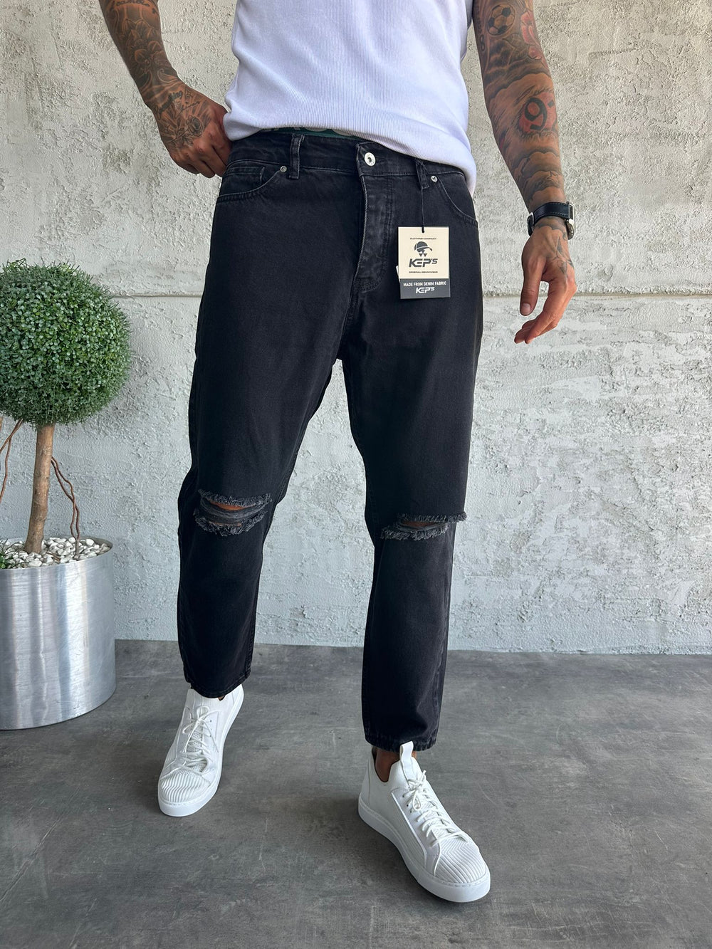 Füme Diz Yırtık Boyfriend Jean