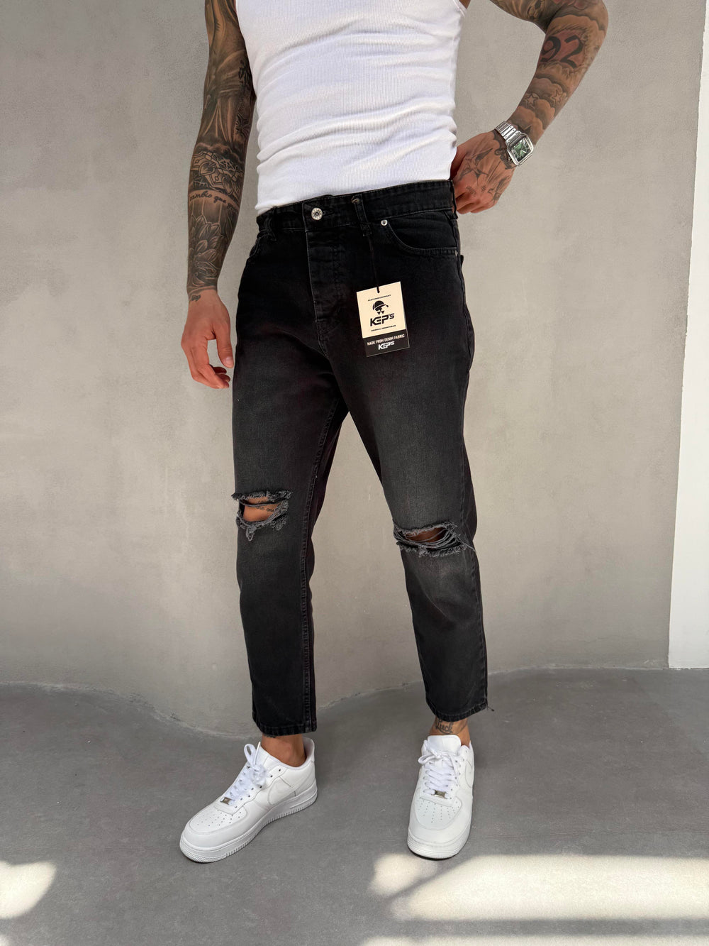 Füme Taşlamalı Diz Yırtık Boyfriend Jean