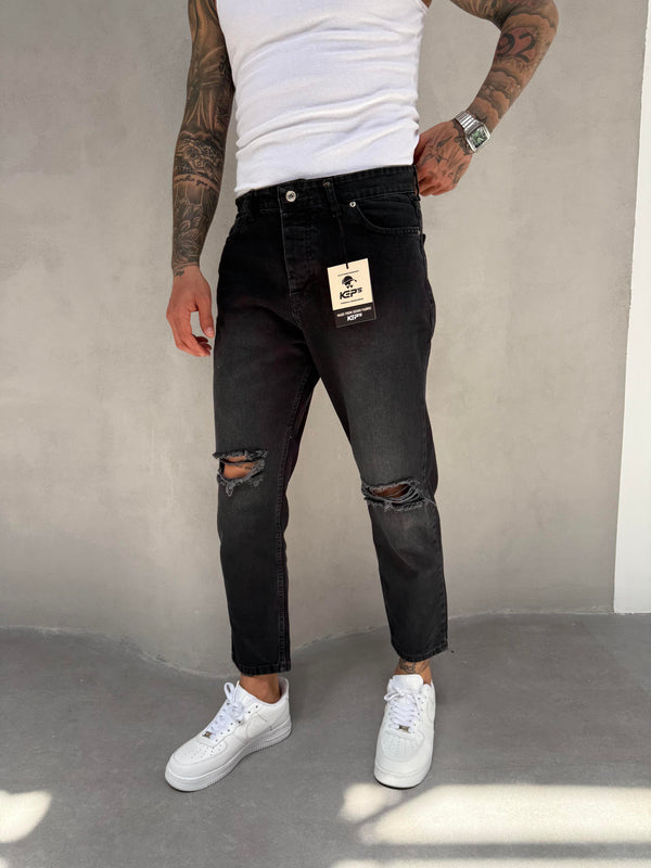 Füme Taşlamalı Diz Yırtık Boyfriend Jean