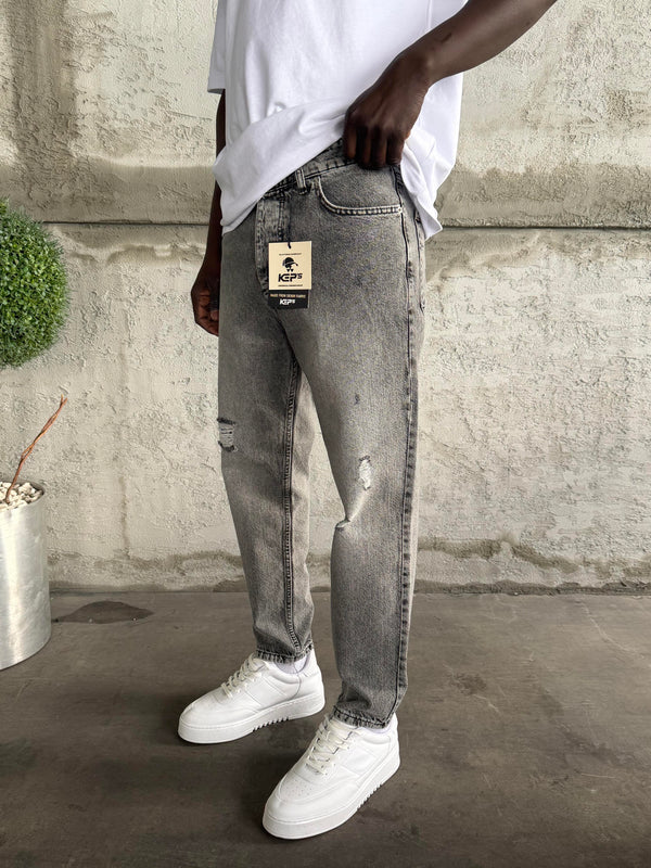 Füme Taşlamalı Yırtıklı Boyfriend Jean