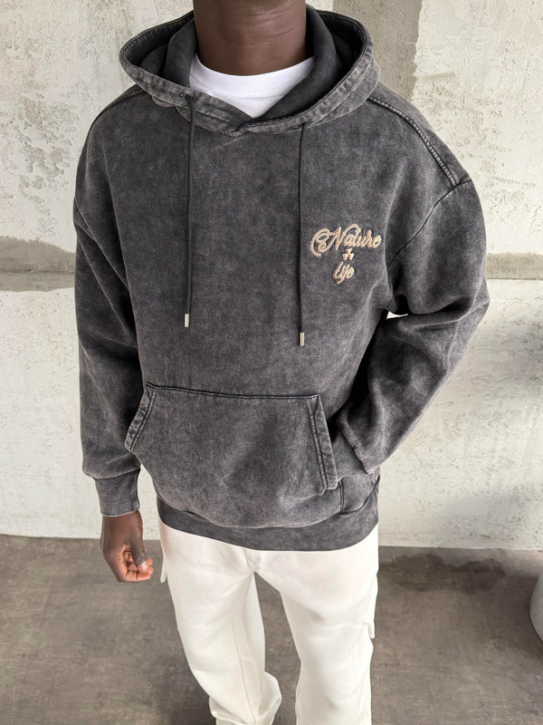 Füme Yıkamalı Kapüşonlü Nakış Detaylı Sweatshirt