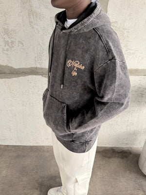 Füme Yıkamalı Kapüşonlü Nakış Detaylı Sweatshirt