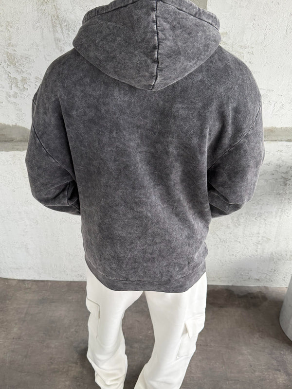 Füme Yıkamalı Kapüşonlü Nakış Detaylı Sweatshirt