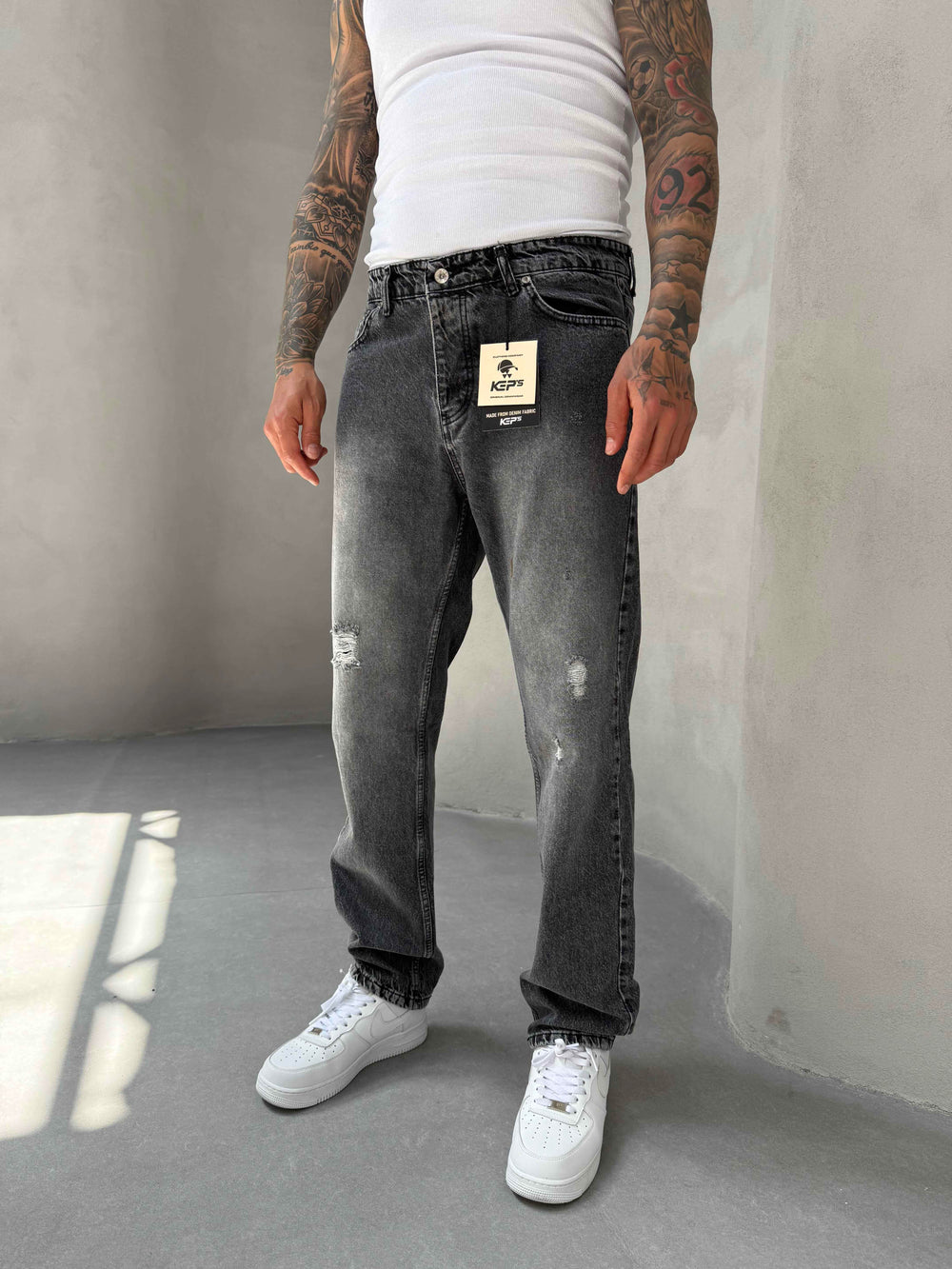 Füme Yırtık Detaylı Baggy Jean