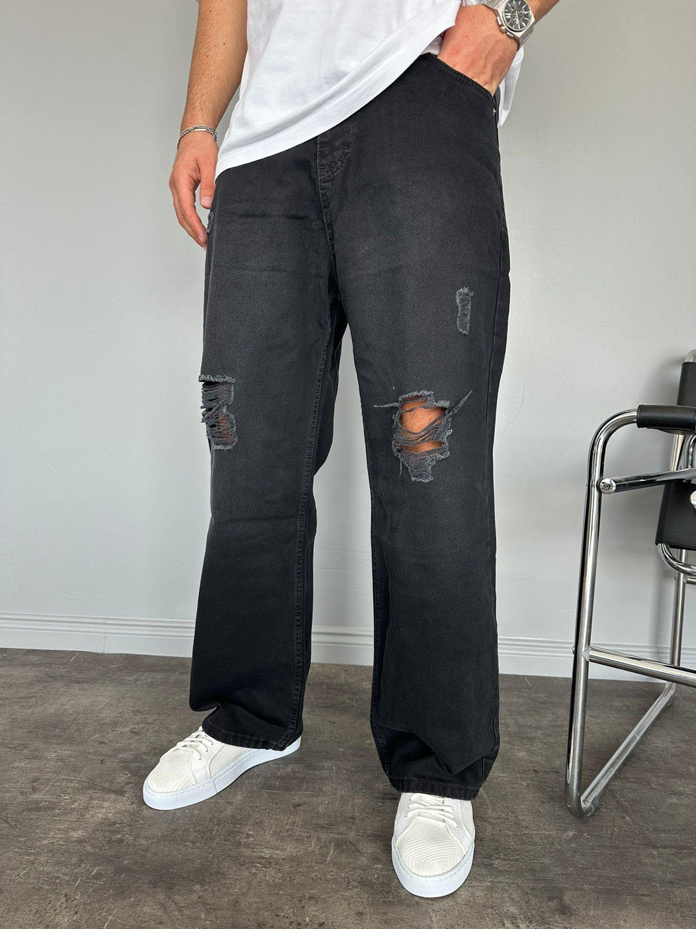 Füme Yırtıklı Relax Baggy Jean