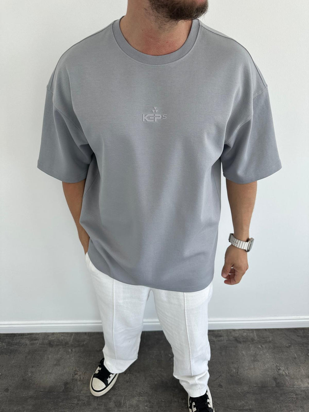 Gri Doubleface Kabartma Baskılı T-Shirt
