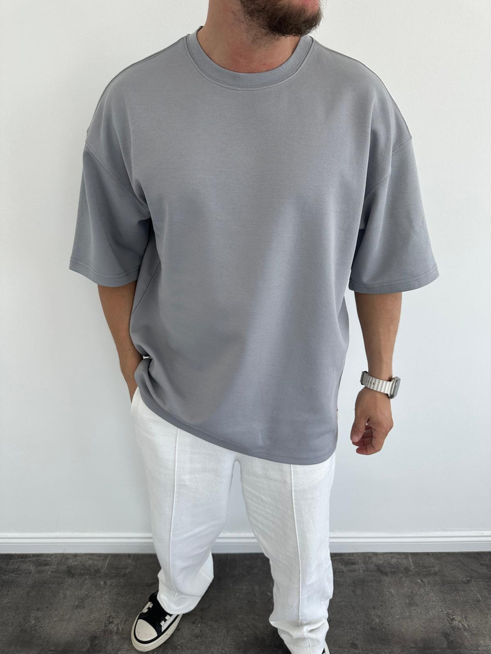 Gri Doubleface Kumaş T-Shirt