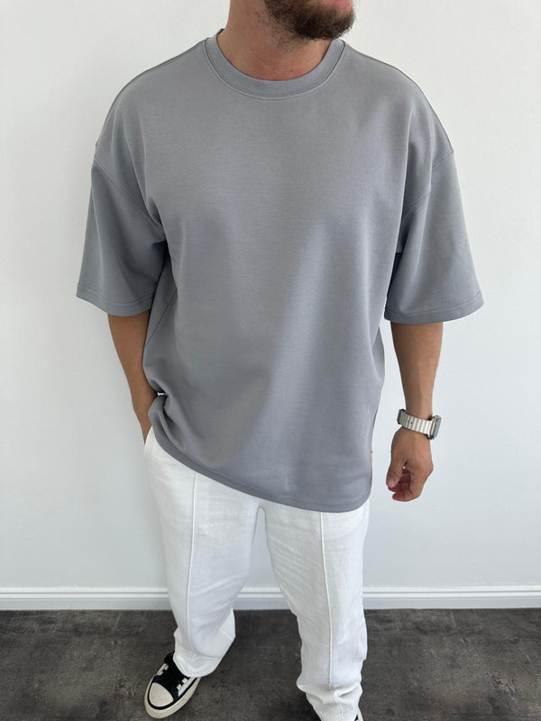 Gri Doubleface Kumaş T-Shirt