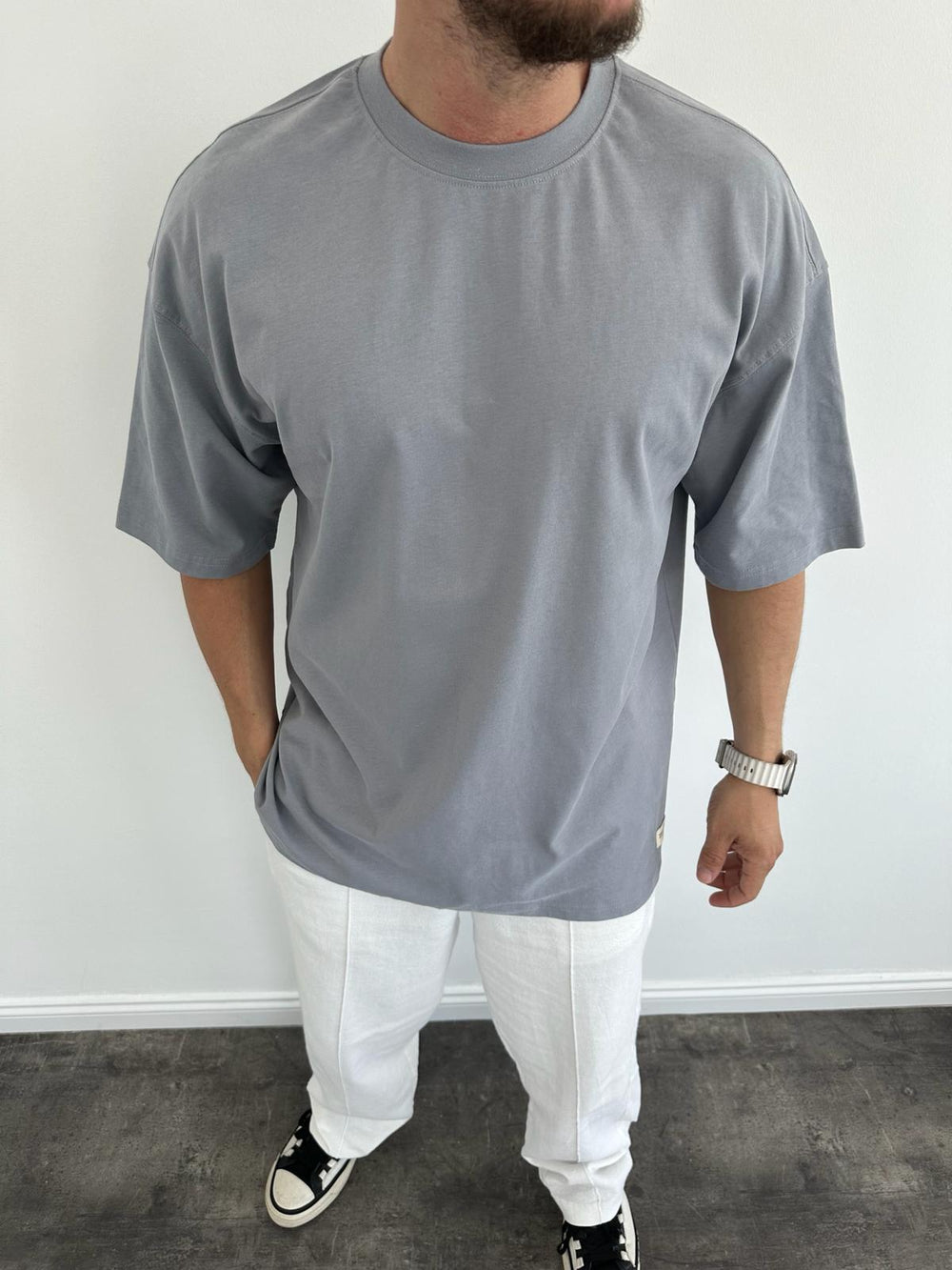Gri Fırçalı Kumaş Oversize T-Shirt