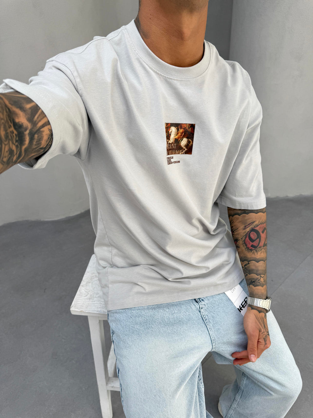 Gri Oversize Baskılı T-Shirt