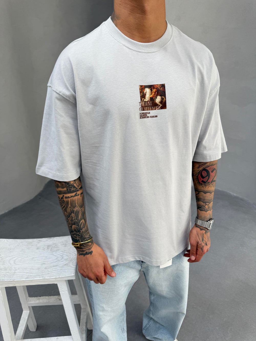 Gri Oversize Baskılı T-Shirt