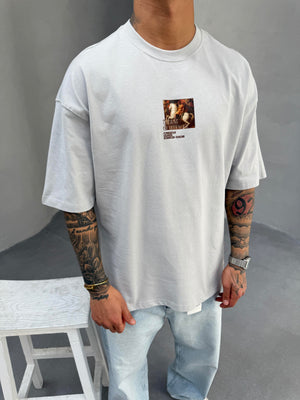 Gri Oversize Baskılı T-Shirt
