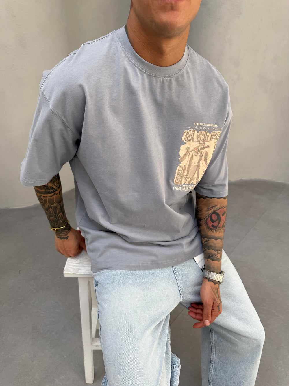 Gri Oversize Baskılı T-Shirt