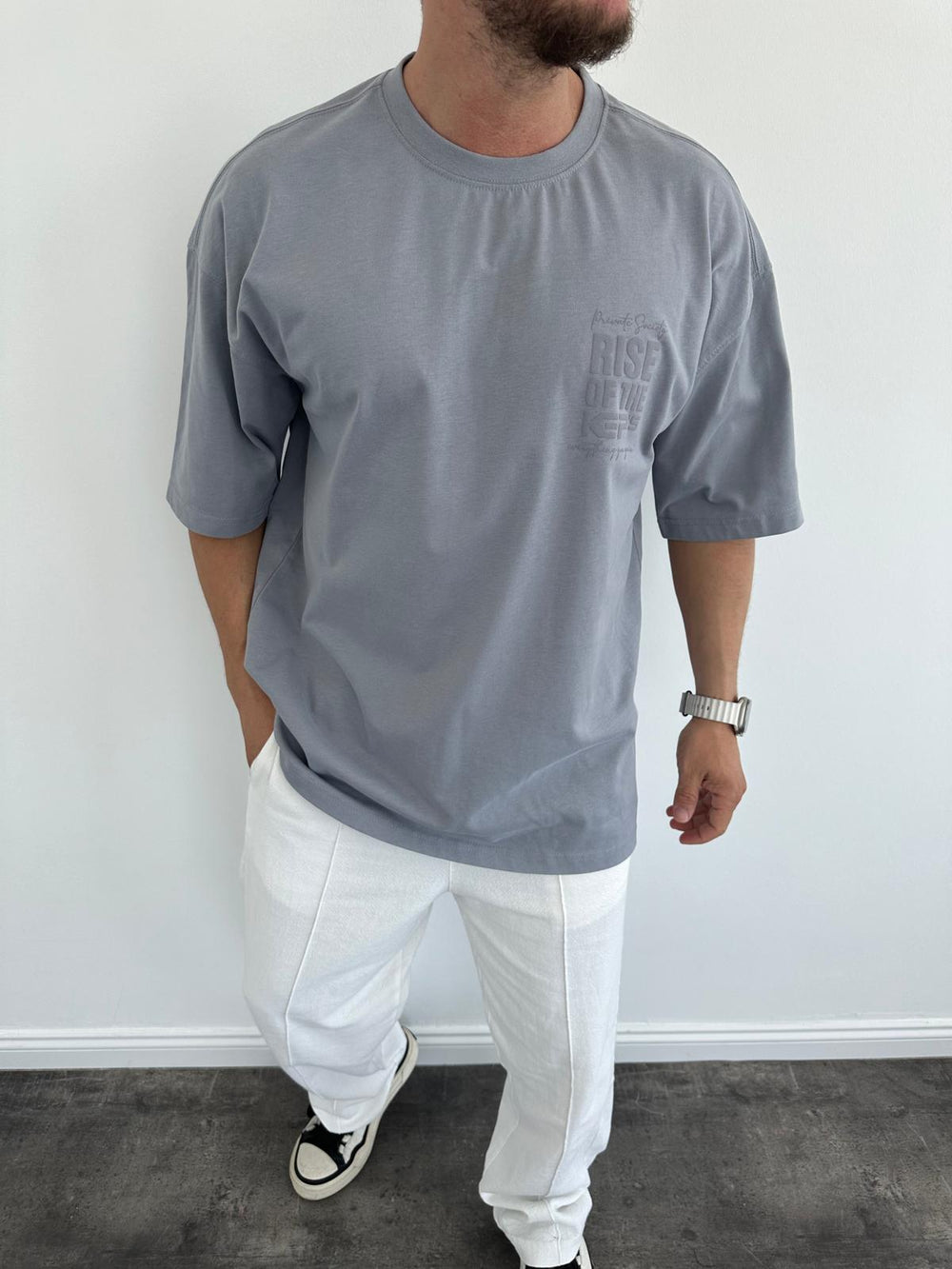 Gri Oversize Baskılı T-Shirt