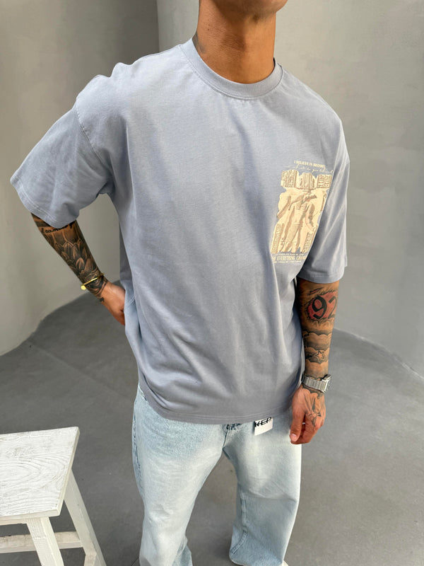 Gri Oversize Baskılı T-Shirt