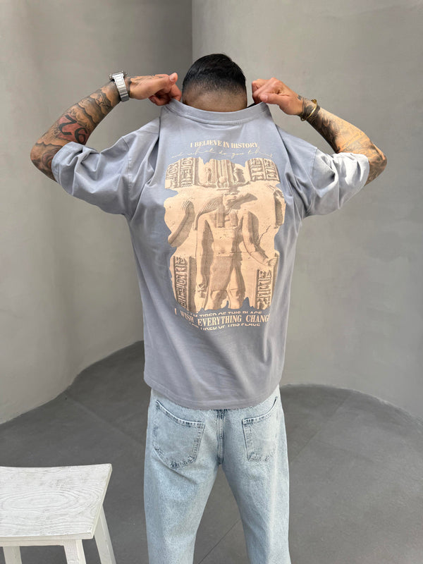 Gri Oversize Baskılı T-Shirt