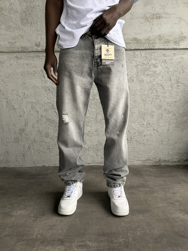 Gri Taşlamalı Yırtıklı Baggy Jean
