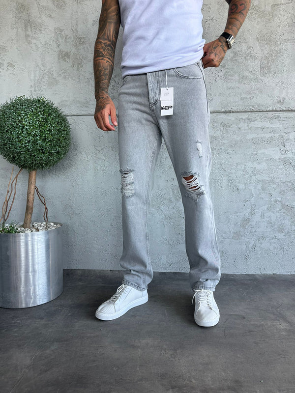 Gri Yırtıklı Baggy Jean