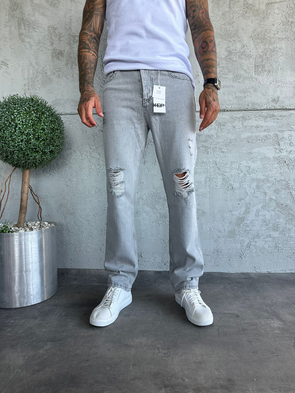 Gri Yırtıklı Baggy Jean