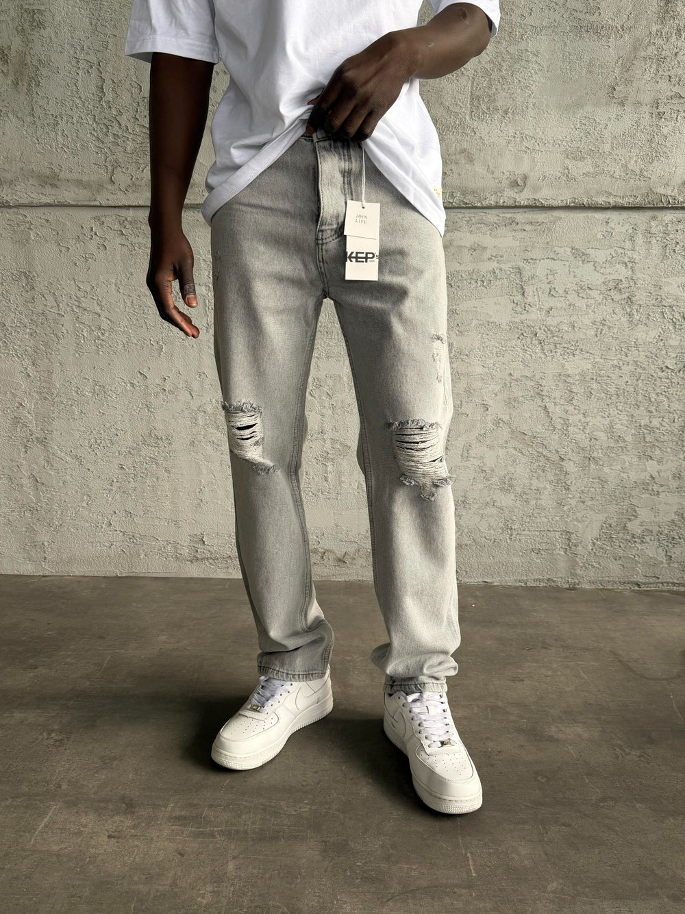 Gri Yırtıklı Baggy Jean