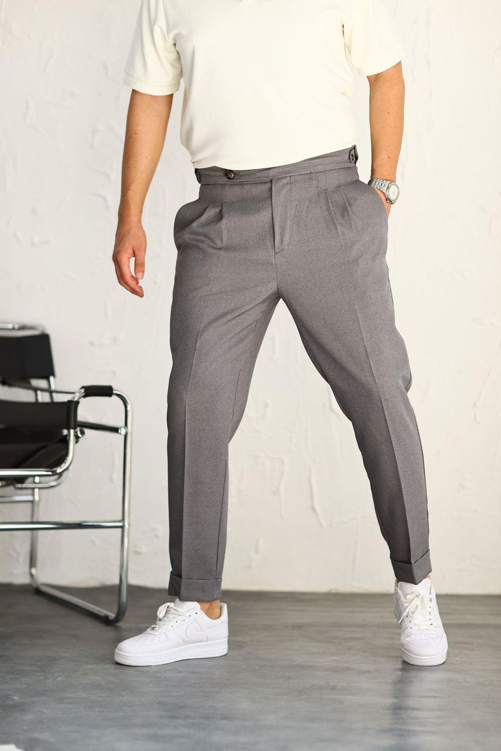 Gri Yüksek Bel Pileli Pantolon