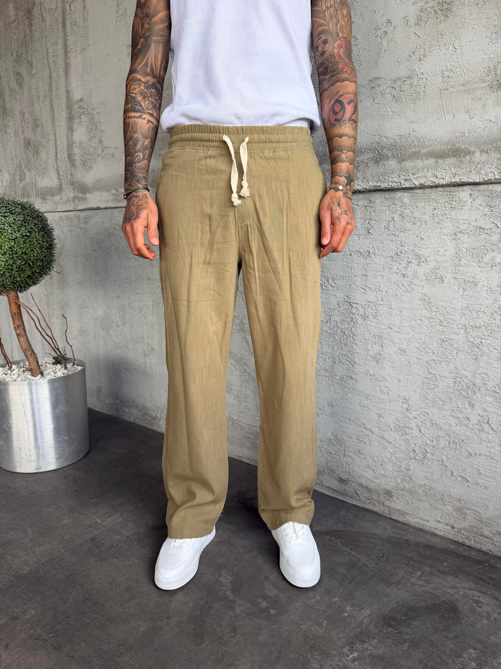 Haki Keten Baggy Pantolon