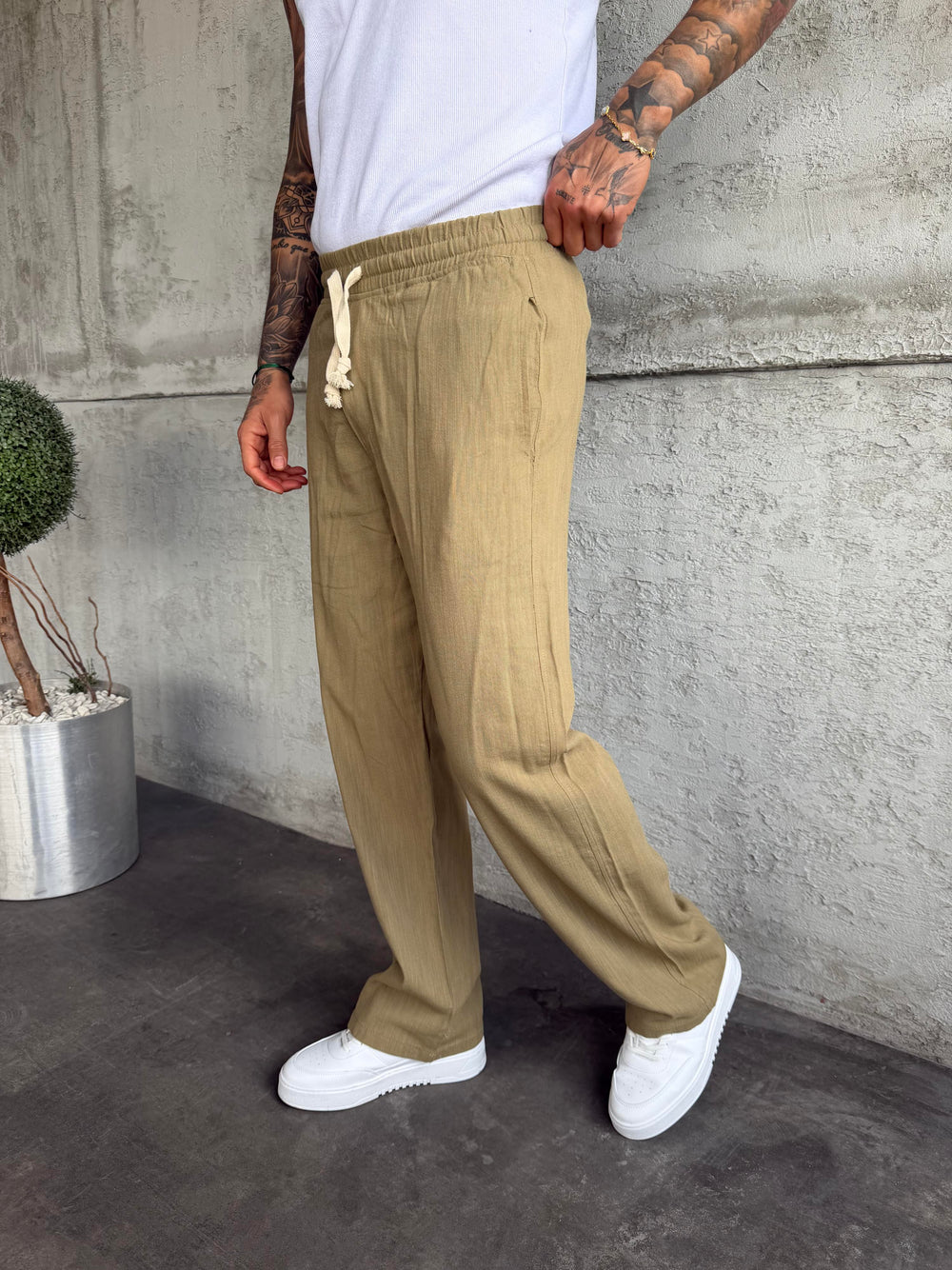 Haki Keten Baggy Pantolon