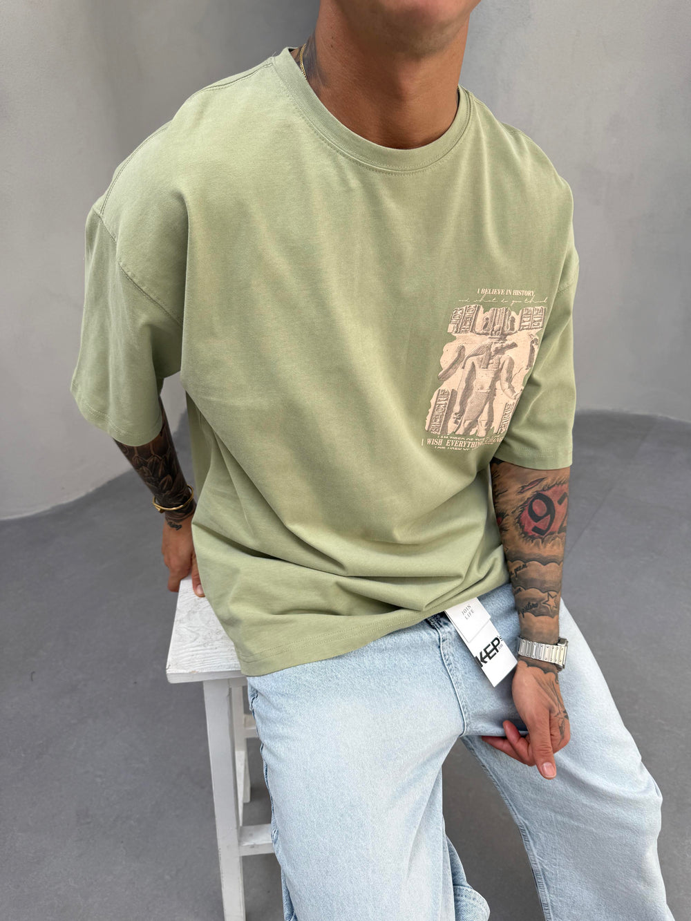 Haki Oversize Baskılı T-Shirt