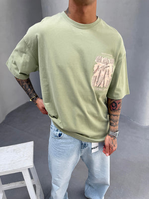 Haki Oversize Baskılı T-Shirt