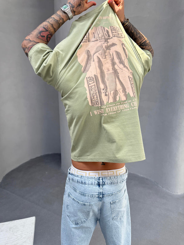 Haki Oversize Baskılı T-Shirt