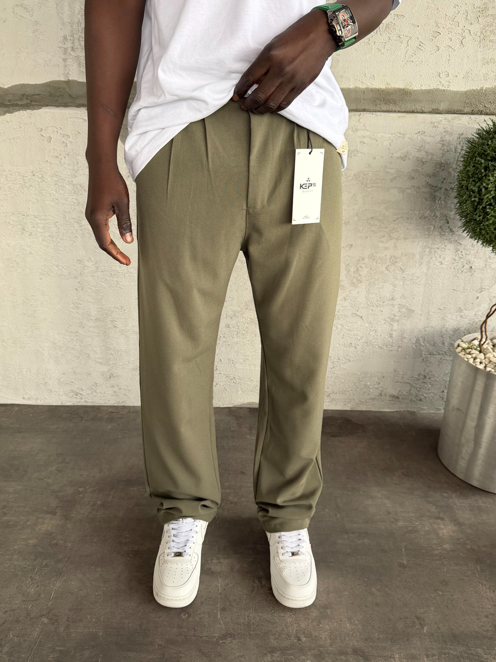 Haki Pileli Baggy Kumaş Pantolon