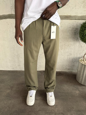 Haki Pileli Baggy Kumaş Pantolon