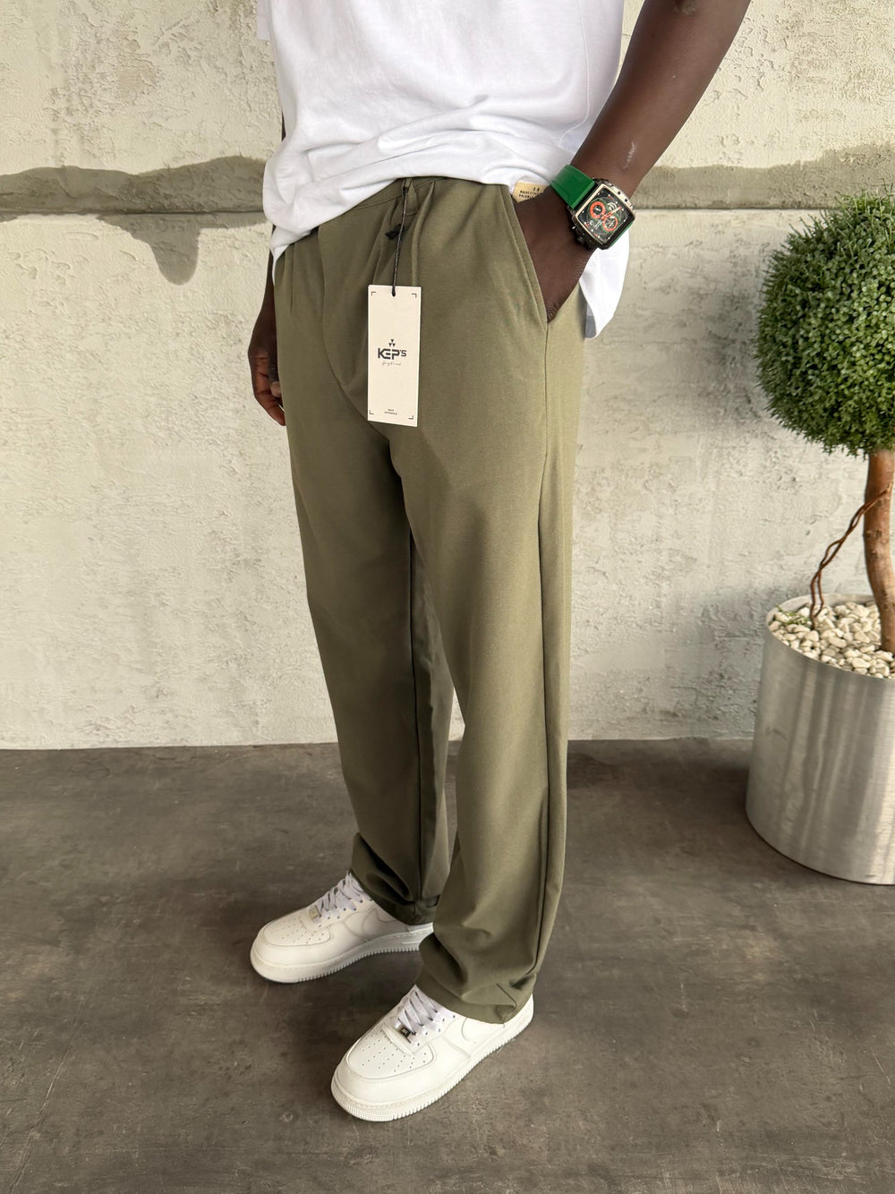 Haki Pileli Baggy Kumaş Pantolon