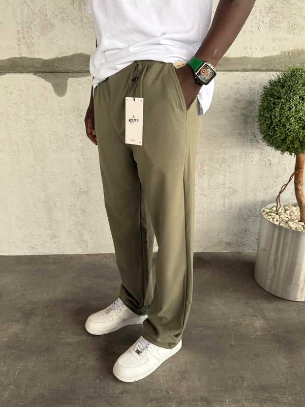Haki Pileli Baggy Kumaş Pantolon