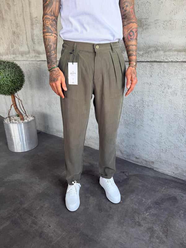 Haki Pileli Modal Kumaş Boyfriend Pantolon