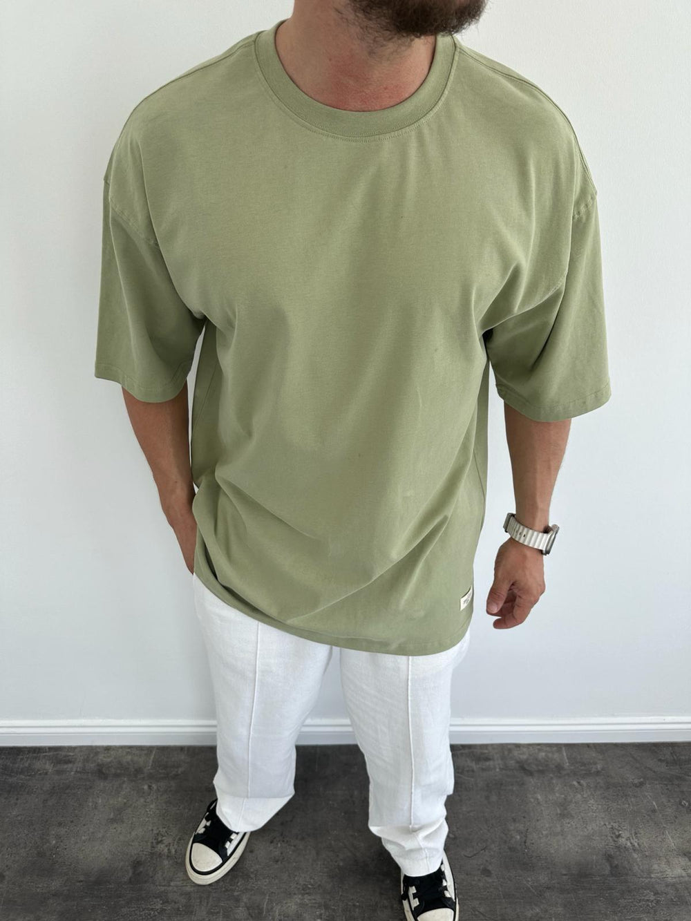 Haki Yeşil Fırçalı Kumaş Oversize T-Shirt