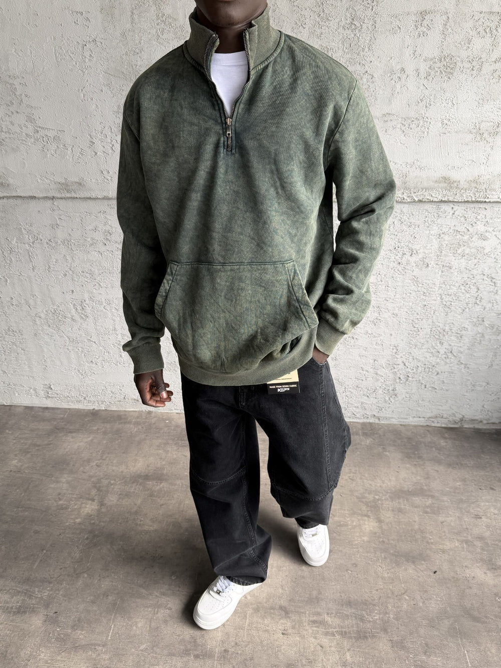 Haki Yıkamalı Fermuarlı Sweatshirt