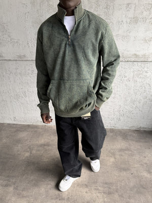 Haki Yıkamalı Fermuarlı Sweatshirt