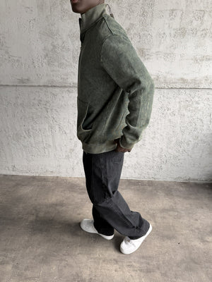 Haki Yıkamalı Fermuarlı Sweatshirt