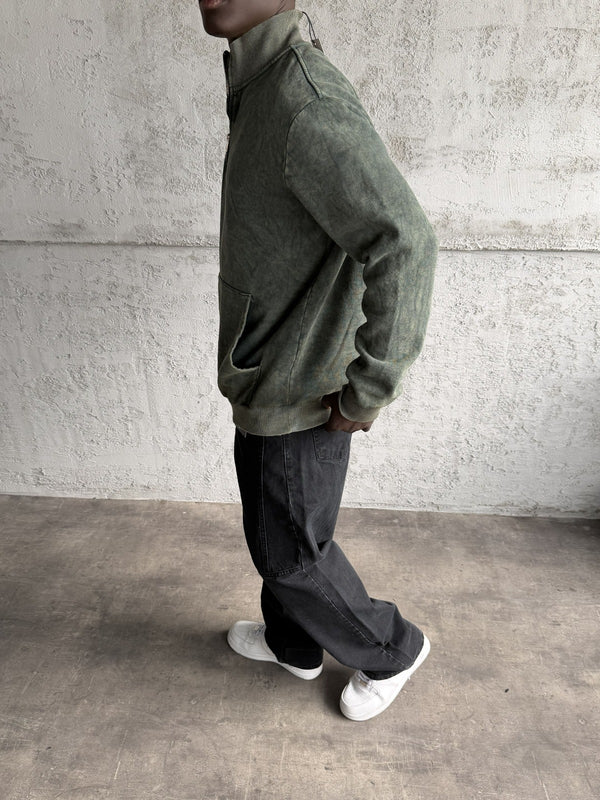 Haki Yıkamalı Fermuarlı Sweatshirt
