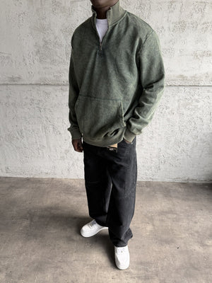 Haki Yıkamalı Fermuarlı Sweatshirt