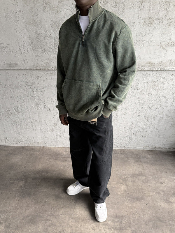 Haki Yıkamalı Fermuarlı Sweatshirt