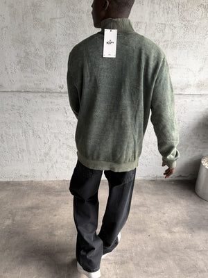 Haki Yıkamalı Fermuarlı Sweatshirt