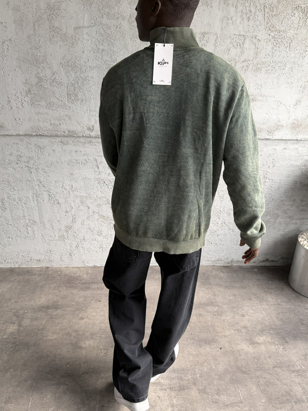Haki Yıkamalı Fermuarlı Sweatshirt