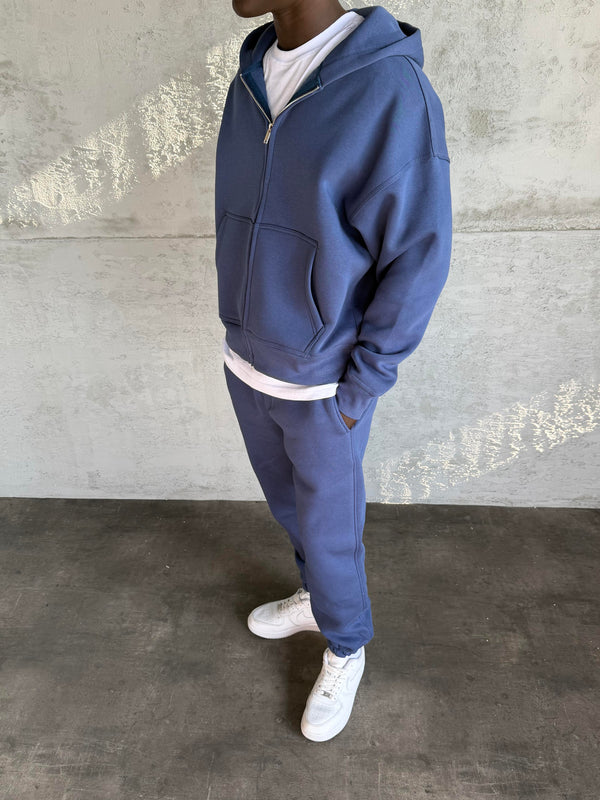 İndigo Kapüşonlu Fermuarlı Sweatshirt